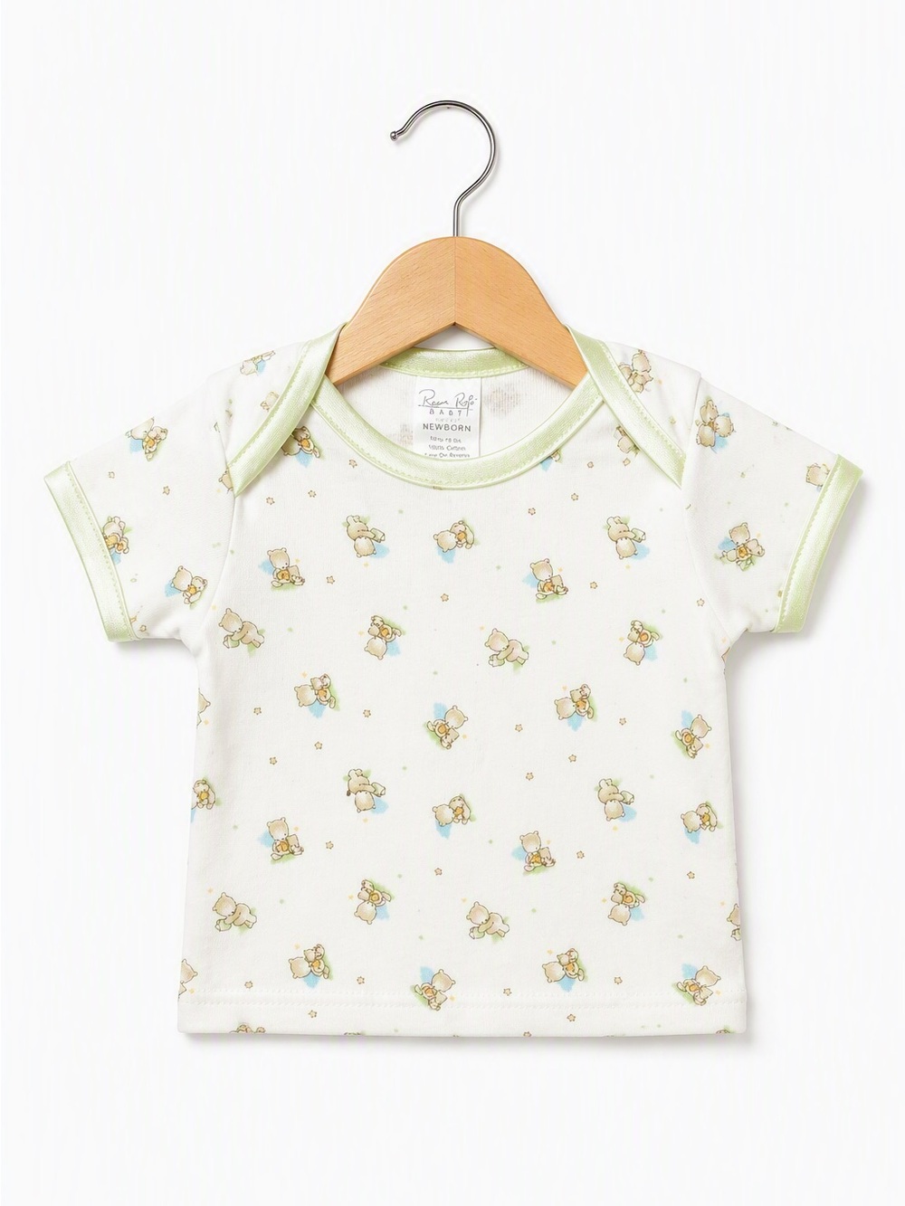 René Rofé Baby Newborn Short Sleeve Teddy Bear AOP Satin Trim Vintage Style